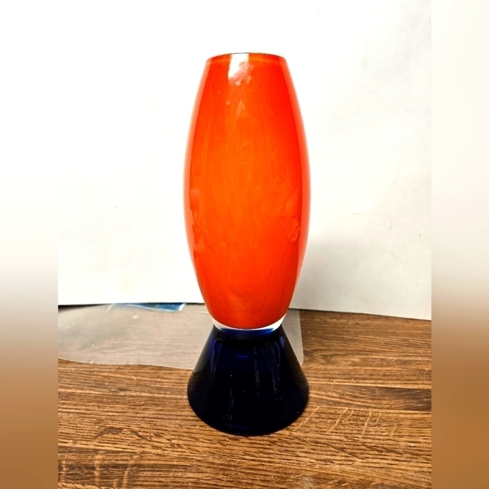 Vintage Y2K Petr Vlcek? Orange & Navy Bohemian Glass Vase (unsigned)